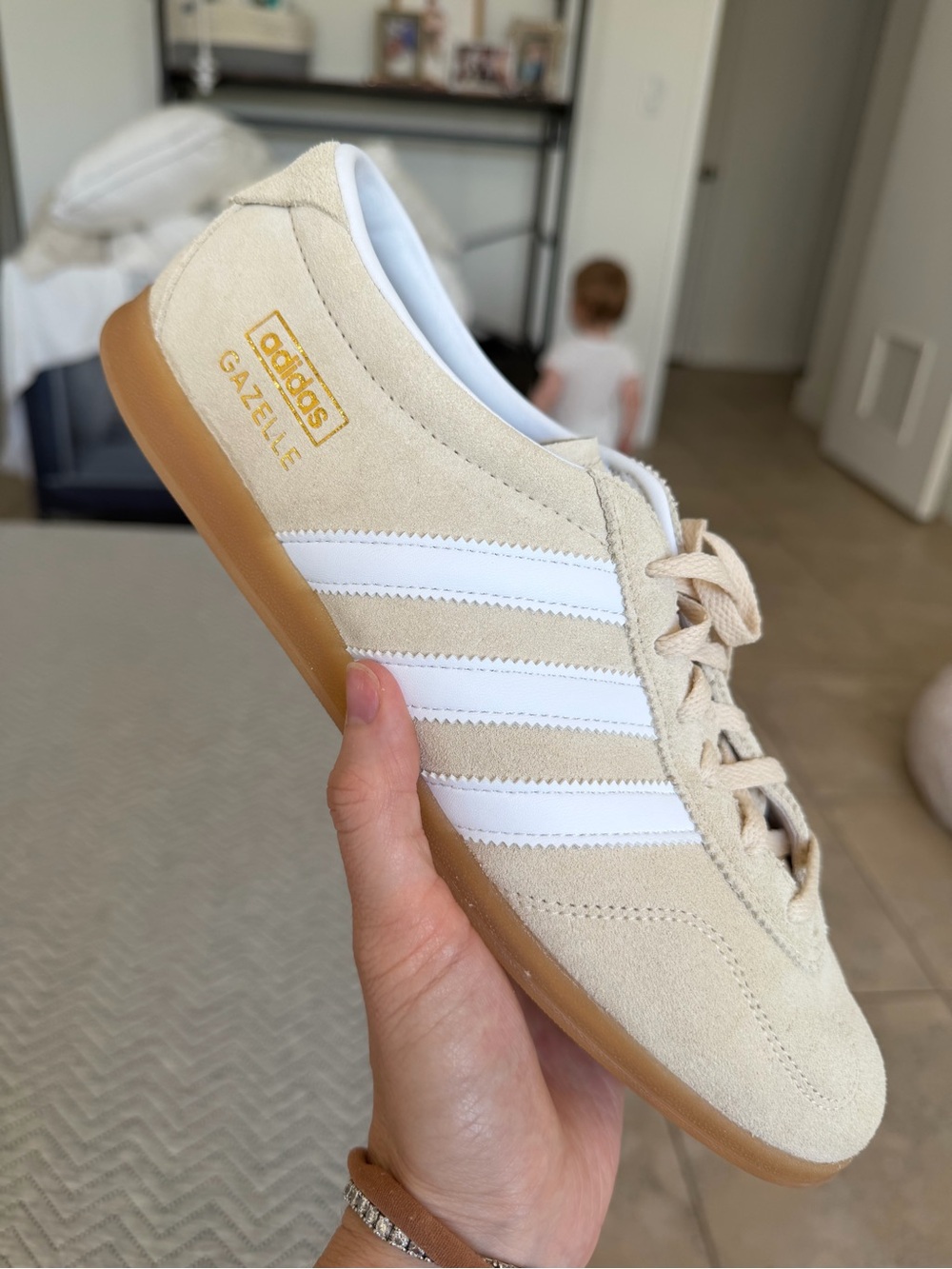 adidas Gazelle Suede Sneaker - Cream with White Stripes and Gum Sole